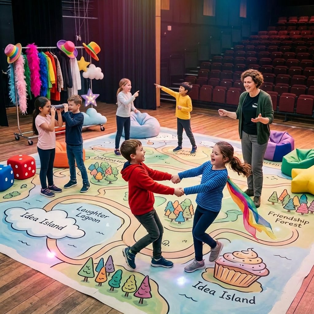 Children and instructor practicing theater activities on stage in an auditorium